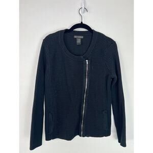 Preswick & Moore Womens Black Ribbed Knit Full-Zip Cardigan Sweater Size L